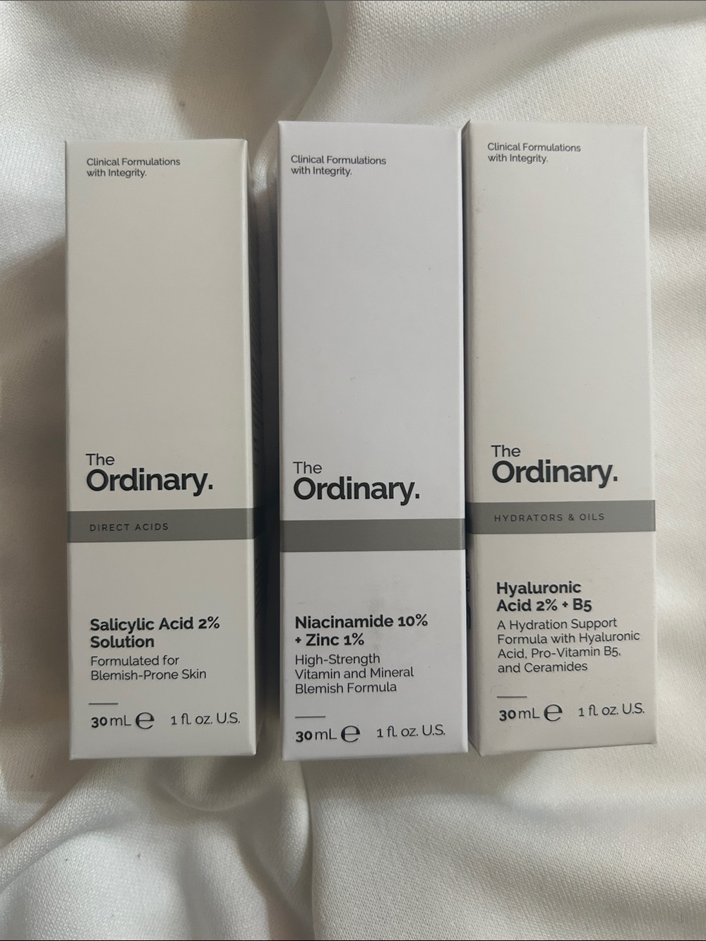 The Ordinary White Skincare Trio — Salicylic, Niacinamide, Hyaluronic
